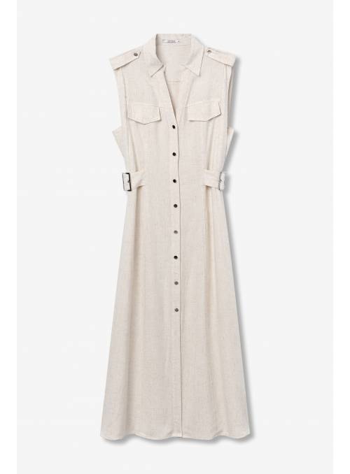 VESTIDO CAMISERO FAVO BEIGE CON LINO