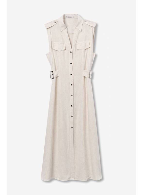 VESTIDO CAMISERO FAVO BEIGE CON LINO