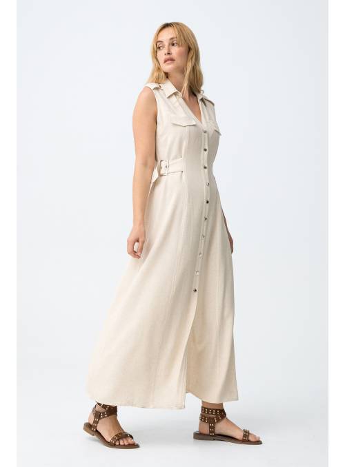 VESTIDO CAMISERO FAVO BEIGE CON LINO